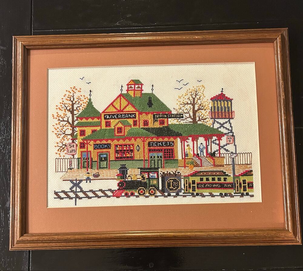 Vintage Finished Cross Stitch "Riverbank Train Station" by Charles Wysocki